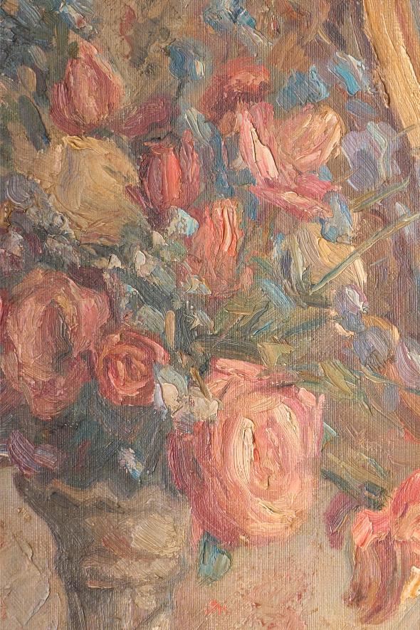 Early 20th century oil on canvas painting of a mirror with flowers