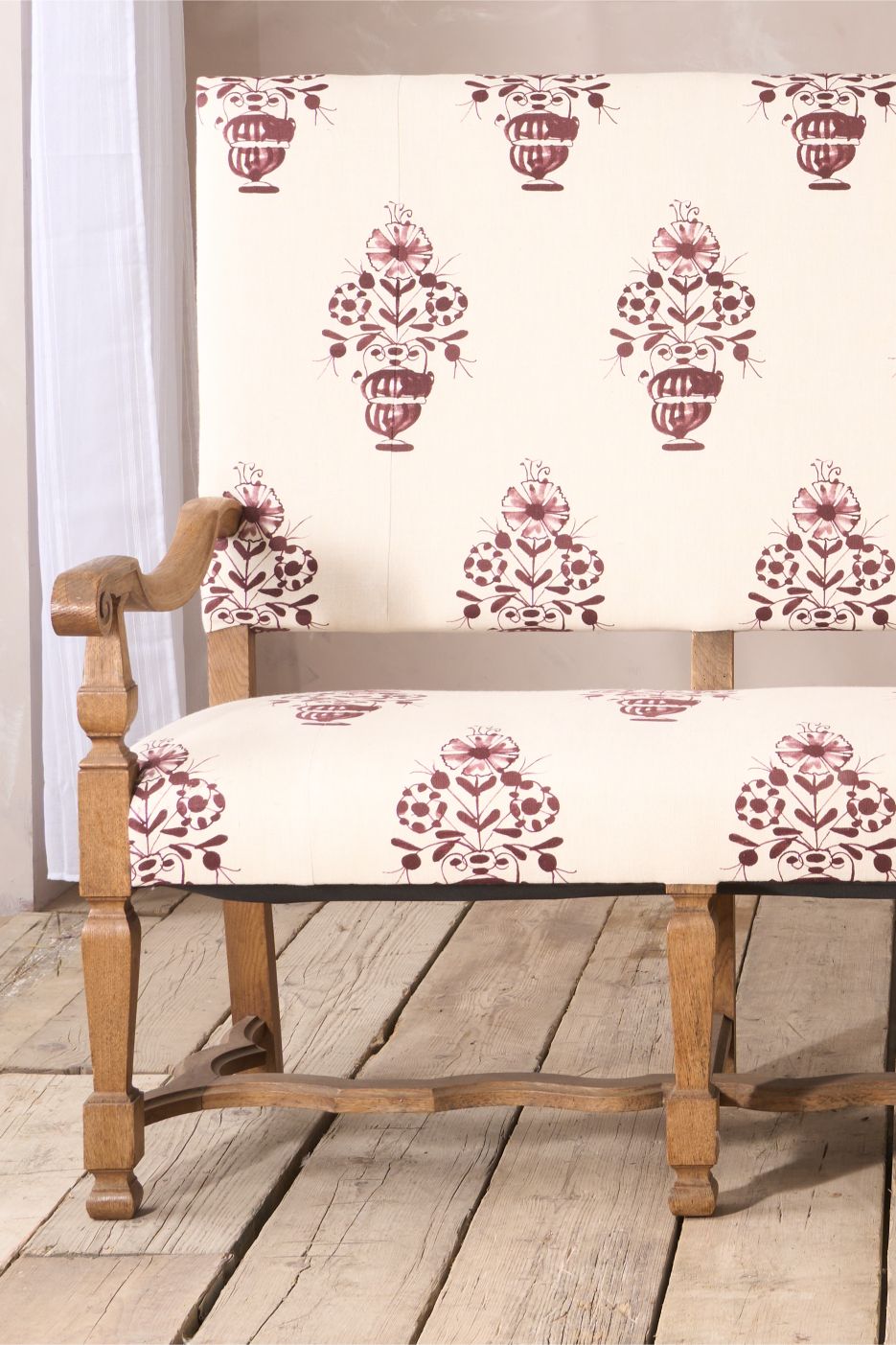 19th century French oak bench upholstered in Vaas by Emma Grant