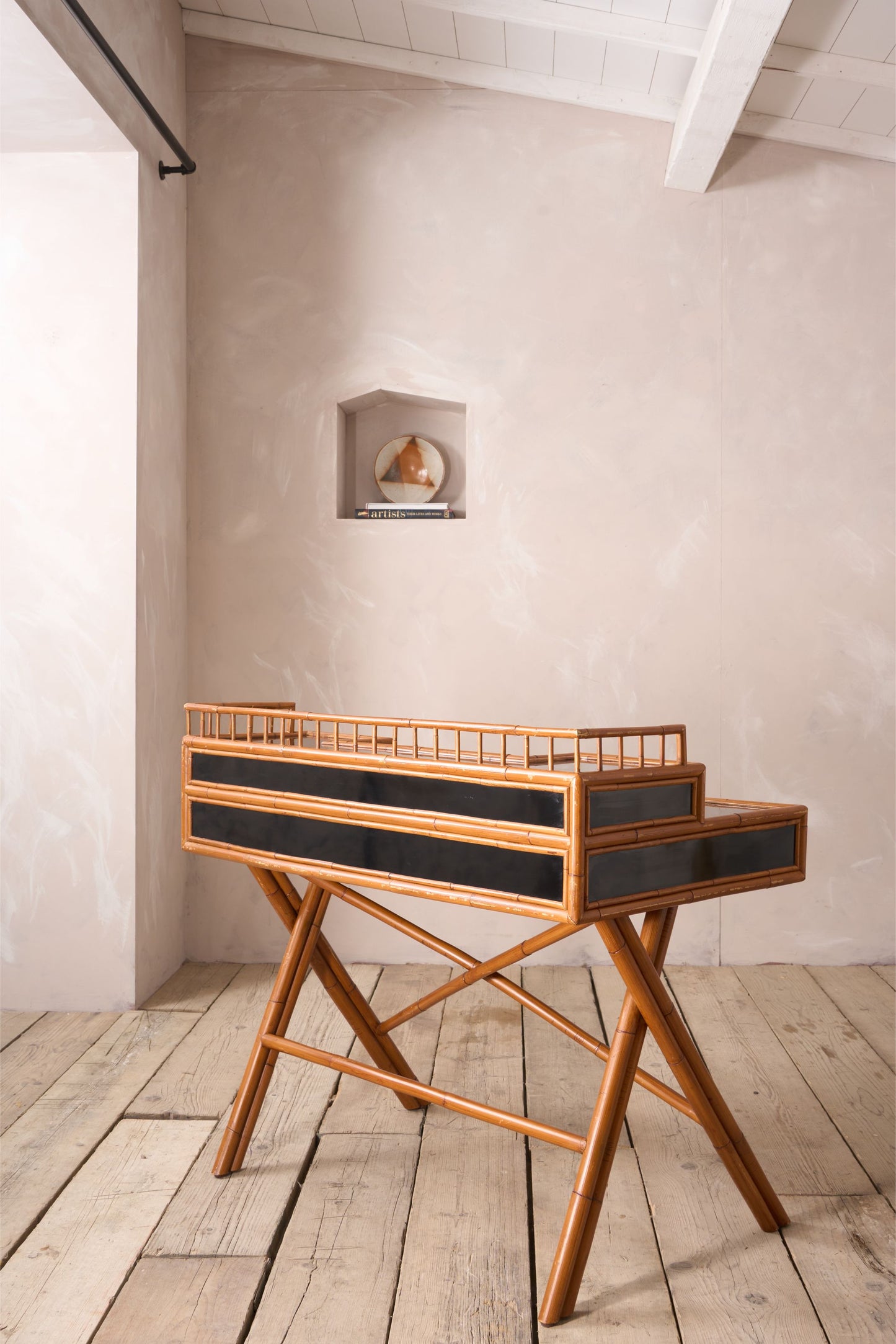20th century Bamboo and black lacquer desk by E Murio