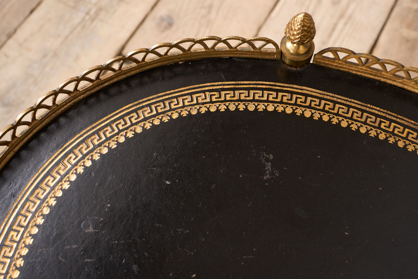 1930's Black leather and brass two tiered drinks table