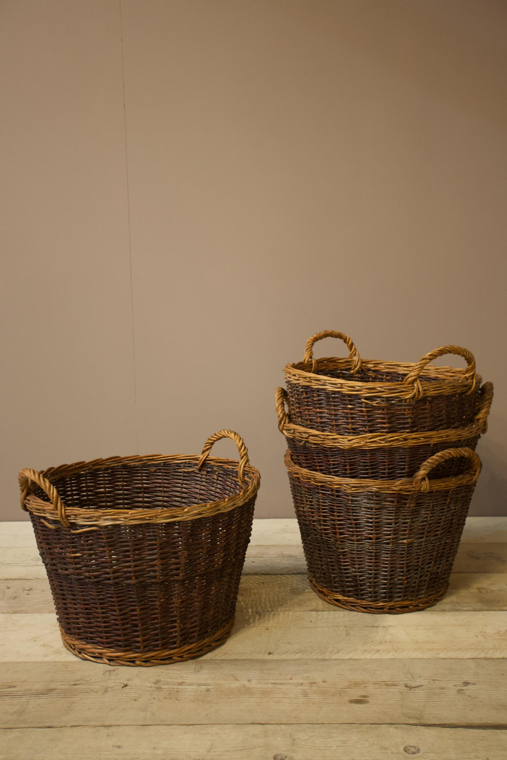 Vintage woven willow log baskets Two tone TallBoy Interiors