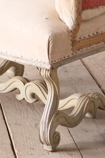 Pair of 19th century French buttoned back armchairs with painted carved frame