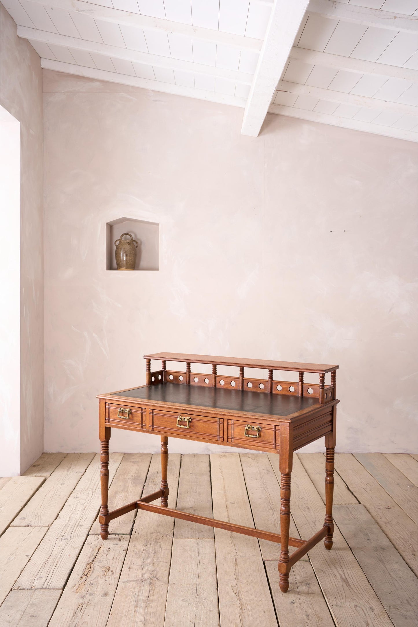 19th century Art Nouveau Secessionist leather and mahogany writing table