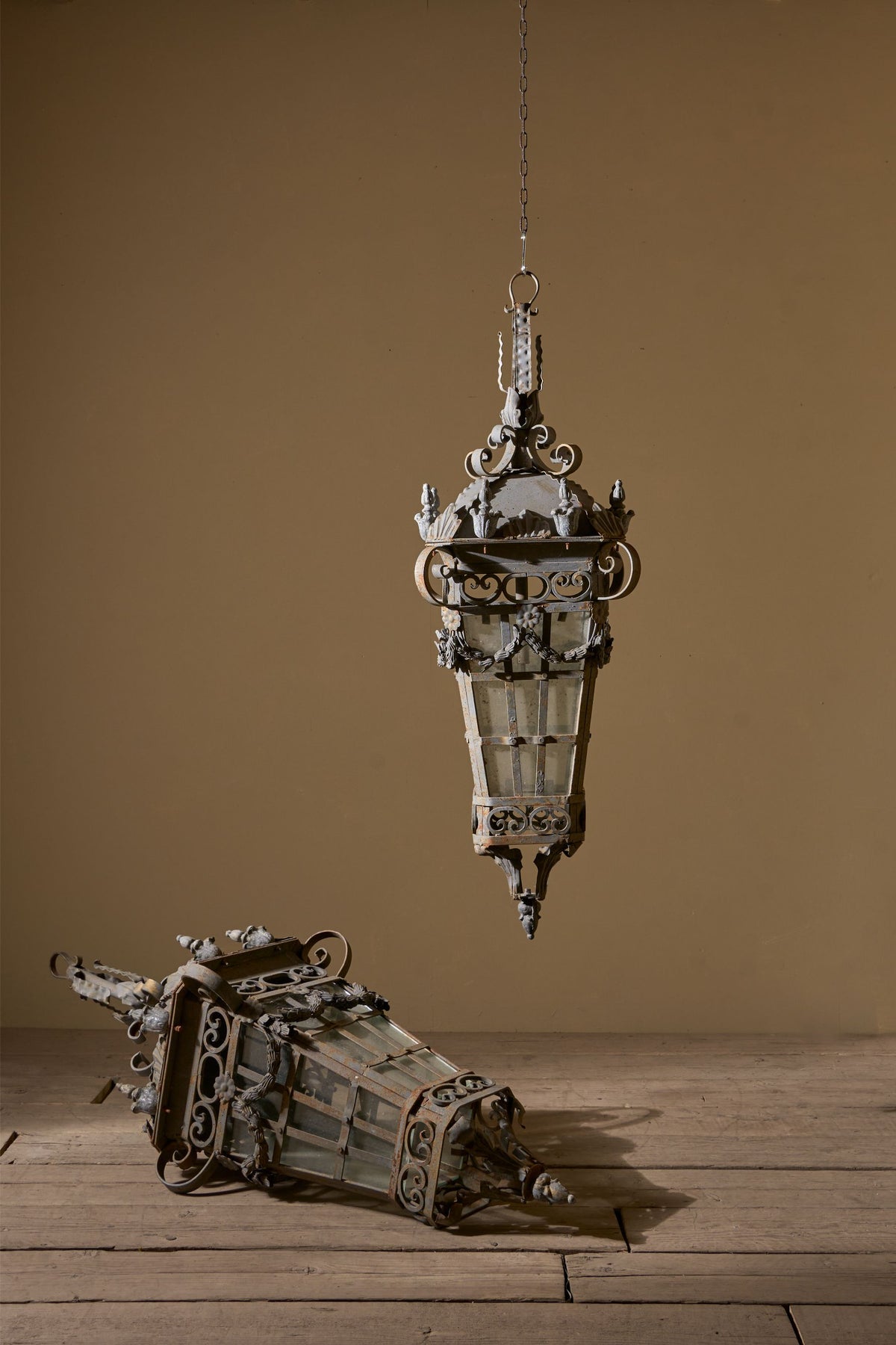 Large pair of Early 20th century iron and zinc French hanging lanterns - Pair 1 - TallBoy Interiors