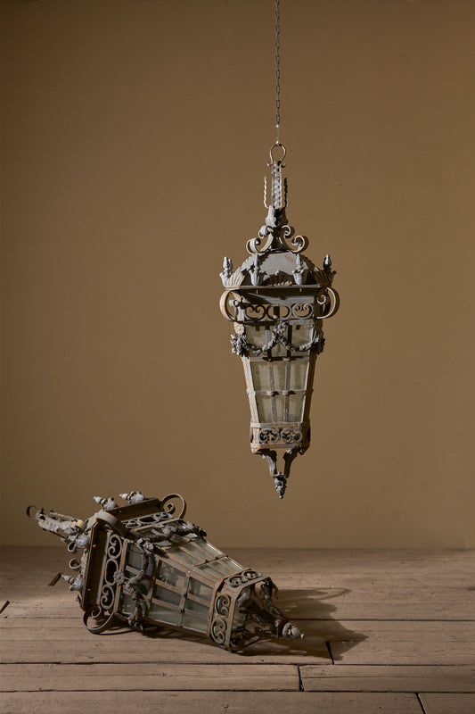 Large pair of Early 20th century iron and zinc French hanging lanterns - Pair 1 - TallBoy Interiors