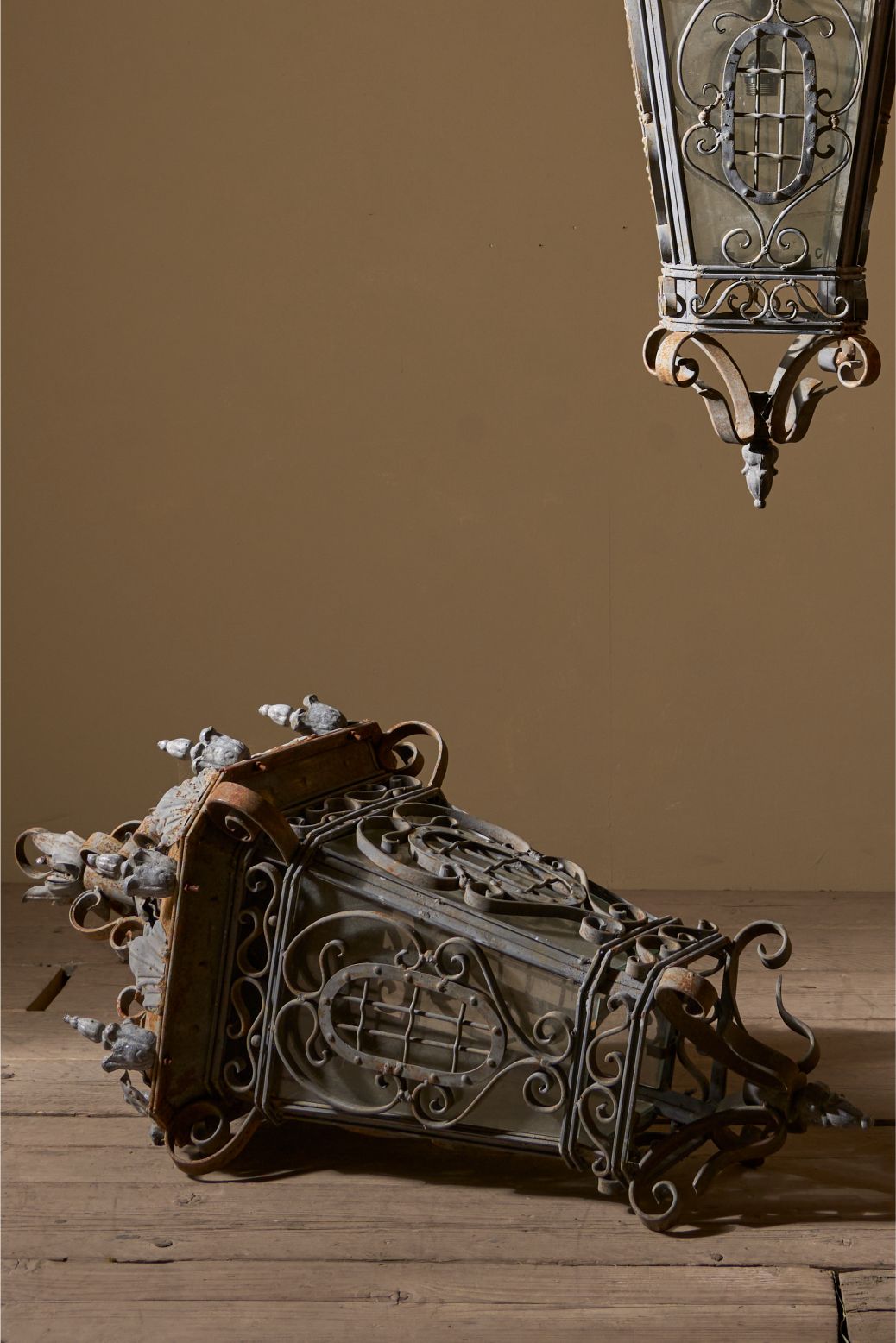 On hold - Large pair of Early 20th century iron and zinc French hanging lanterns - Pair 2 - TallBoy Interiors