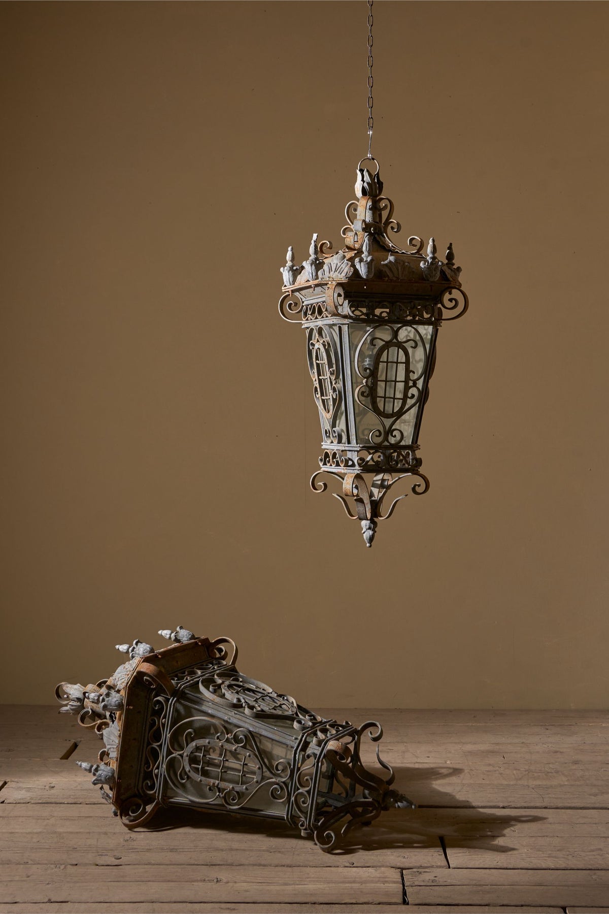 On hold - Large pair of Early 20th century iron and zinc French hanging lanterns - Pair 2 - TallBoy Interiors