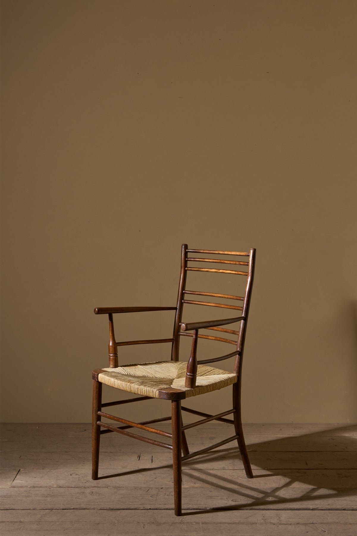 Arts & Crafts English oak and rush seat armchair - TallBoy Interiors