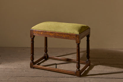 19th century Oak footstool in heavy green linen