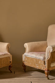Pair of c.1900 English country house scroll back armchairs