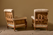 Pair of c.1900 English country house scroll back armchairs