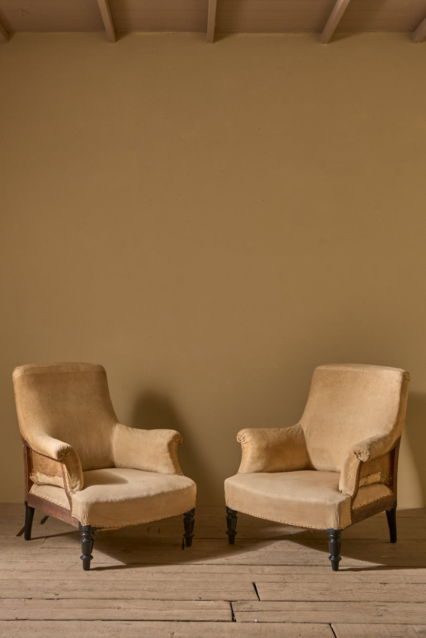 Pair of Napoleon III Plain square back armchairs
