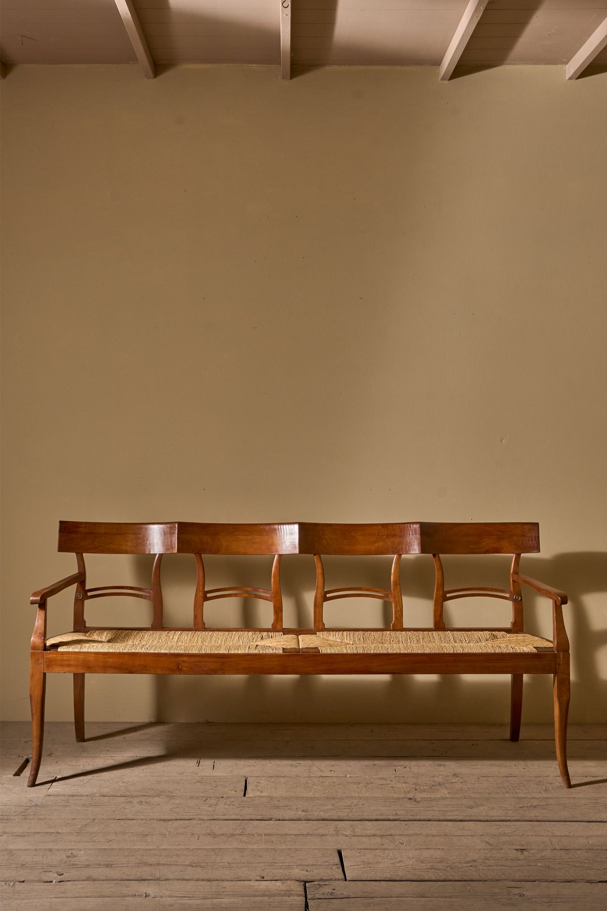 19th century cherrywood and rush seated hall bench