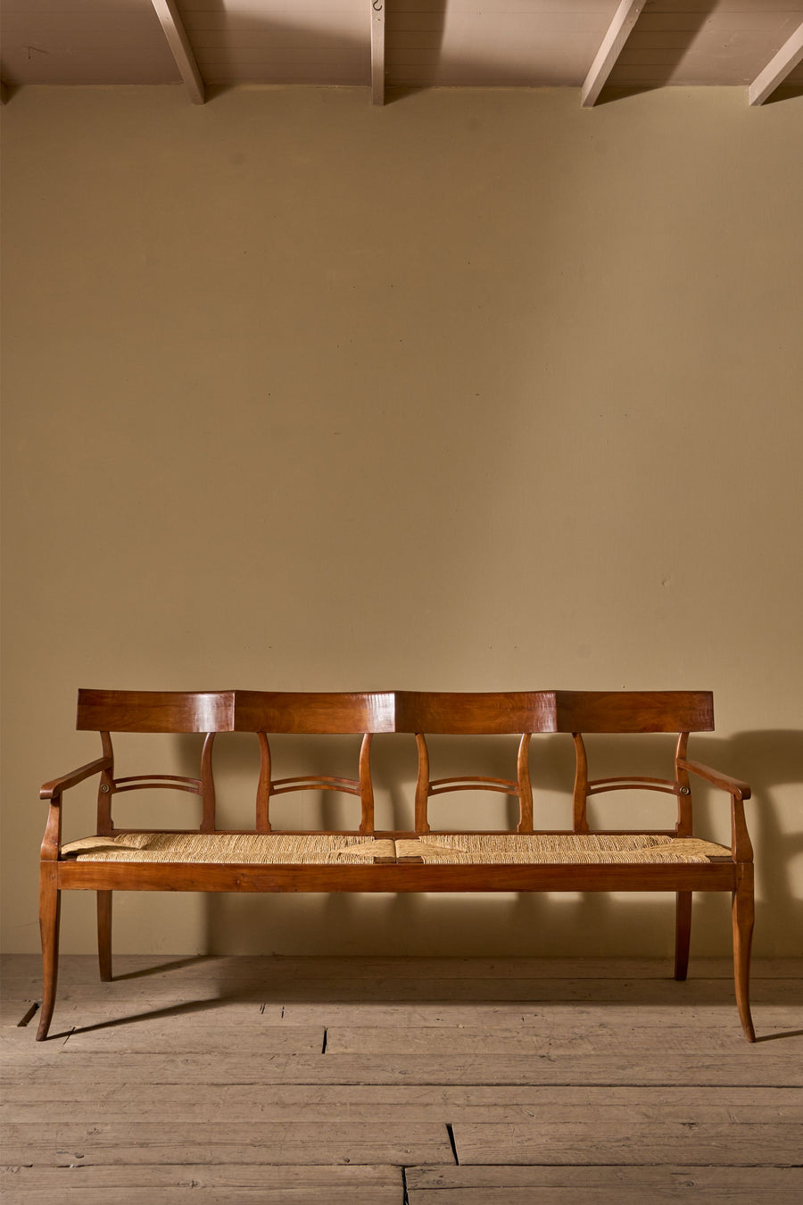 19th century cherrywood and rush seated hall bench