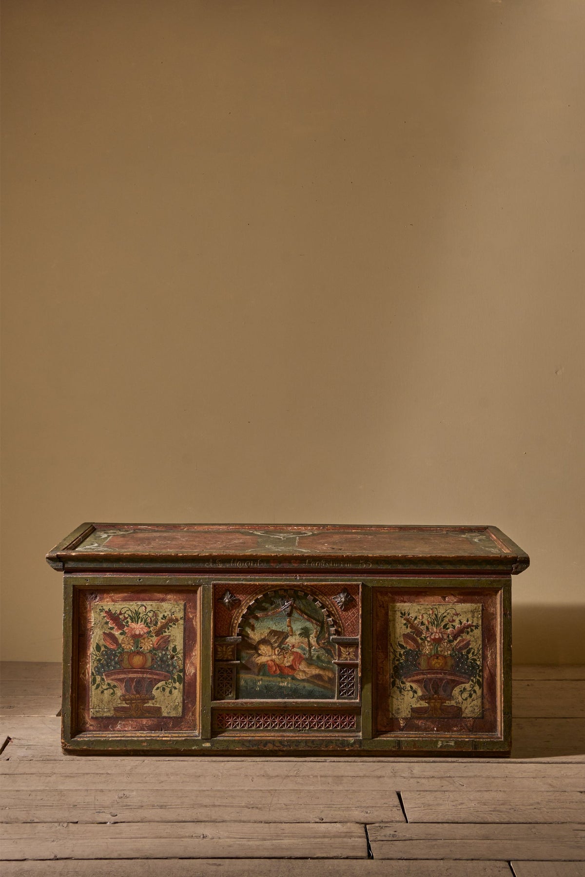 Large 19th century painted marriage trunk