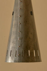 Trio of 20th century patinated steel and copper rivet conical pendant lights