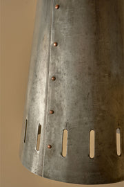 Trio of 20th century patinated steel and copper rivet conical pendant lights