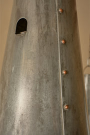 Trio of 20th century patinated steel and copper rivet conical pendant lights
