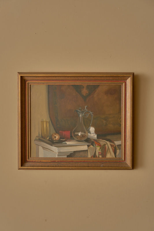 20th century still life oil on canvas of a jug on mantle piece - TallBoy Interiors