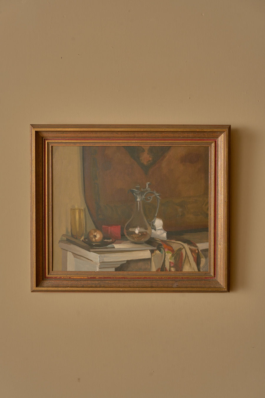 20th century still life oil on canvas of a jug on mantle piece