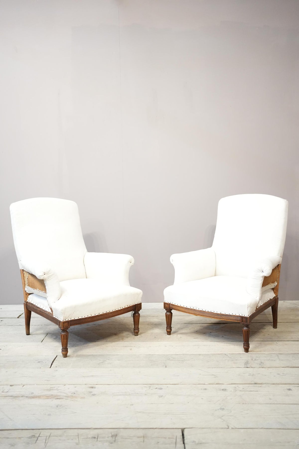 Pair of 19th century square back armchairs with carved frame - TallBoy Interiors