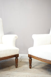 Pair of 19th century square back armchairs with carved frame - TallBoy Interiors