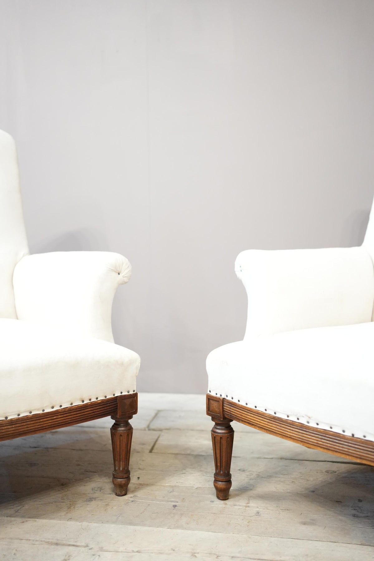Pair of 19th century square back armchairs with carved frame - TallBoy Interiors