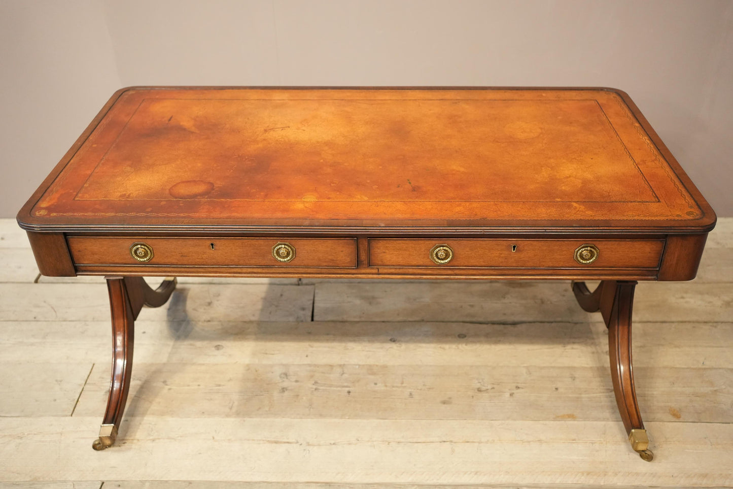c.1920's Georgian style mahogany and tan leather desk