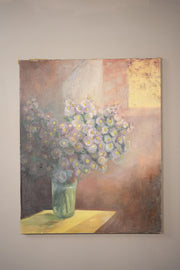 20th century oil on canvas painting of flowers on a table - TallBoy Interiors