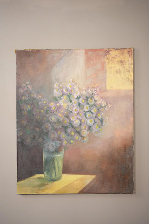 20th century oil on canvas painting of flowers on a table