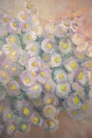 20th century oil on canvas painting of flowers on a table