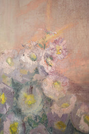 20th century oil on canvas painting of flowers on a table - TallBoy Interiors