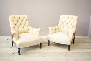 Pair of Napoleon III buttoned square back armchairs