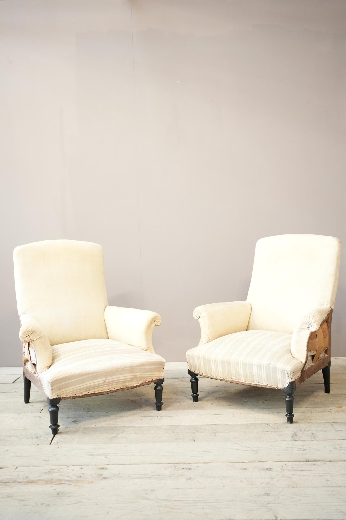 Pair of Napoleon III plain square backed armchairs