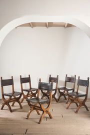Set of 6 Mid 20th century Spanish walnut and leather dining chairs - TallBoy Interiors