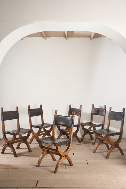 Set of 6 Mid 20th century Spanish walnut and leather dining chairs