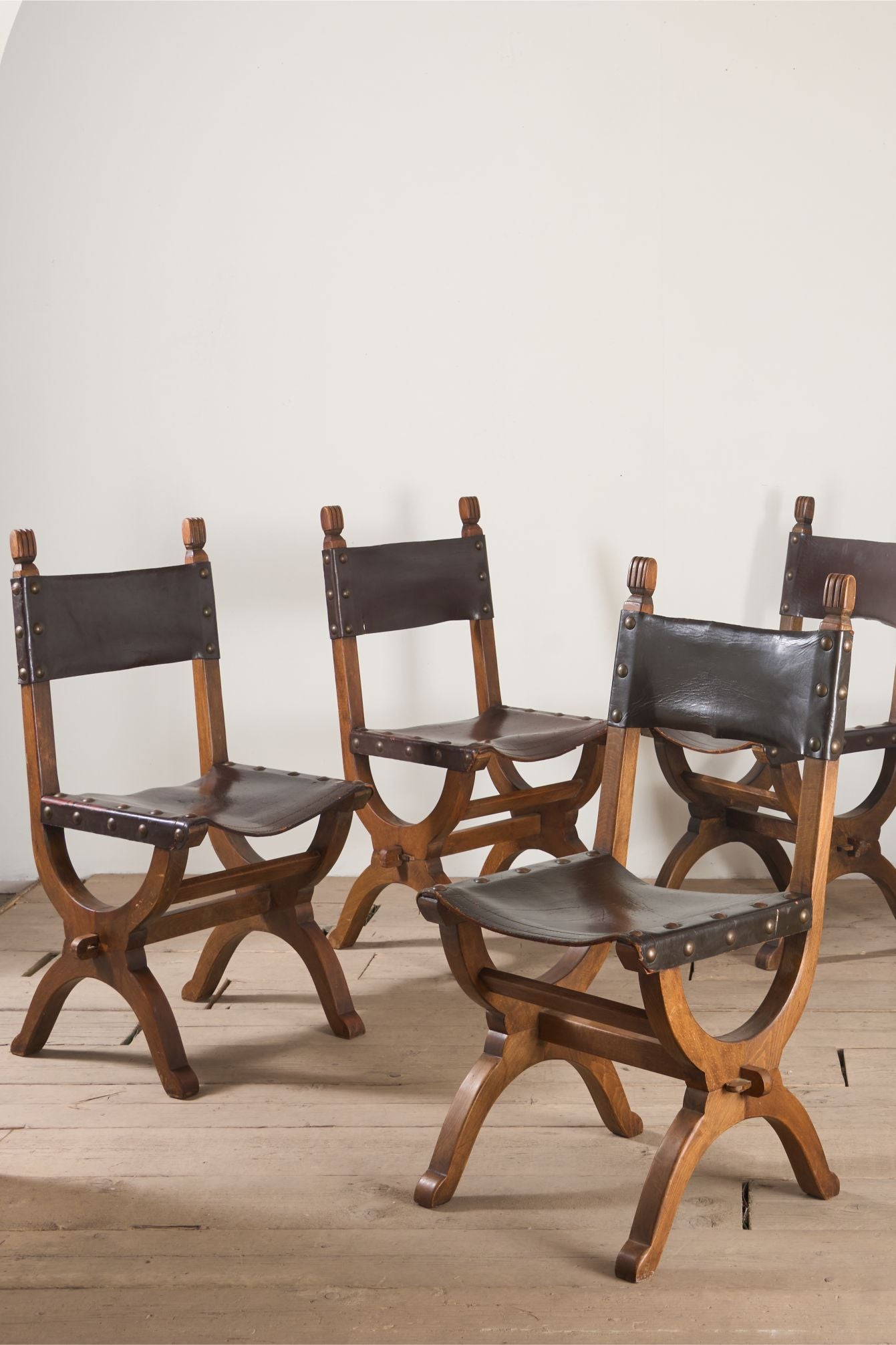 Set of 6 Mid 20th century Spanish walnut and leather dining chairs