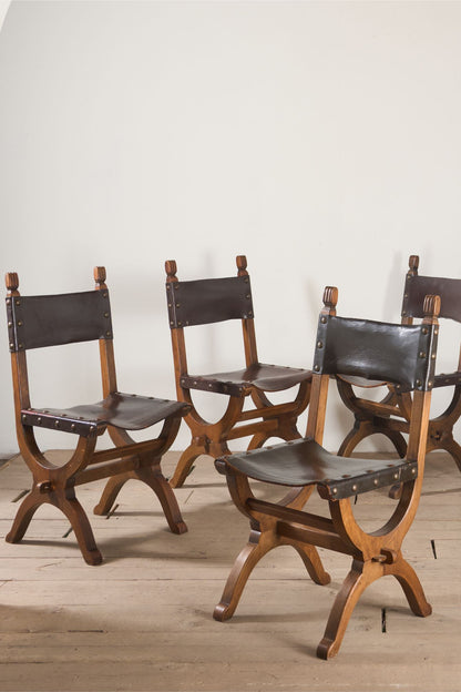 Set of 6 Mid 20th century Spanish walnut and leather dining chairs