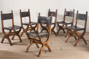 Set of 6 Mid 20th century Spanish walnut and leather dining chairs - TallBoy Interiors