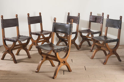 Set of 6 Mid 20th century Spanish walnut and leather dining chairs