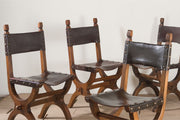 Set of 6 Mid 20th century Spanish walnut and leather dining chairs - TallBoy Interiors