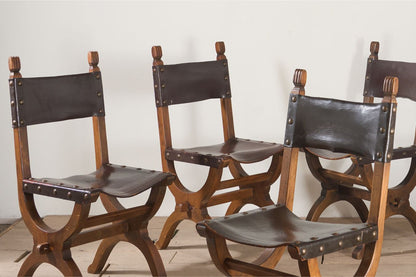 Set of 6 Mid 20th century Spanish walnut and leather dining chairs