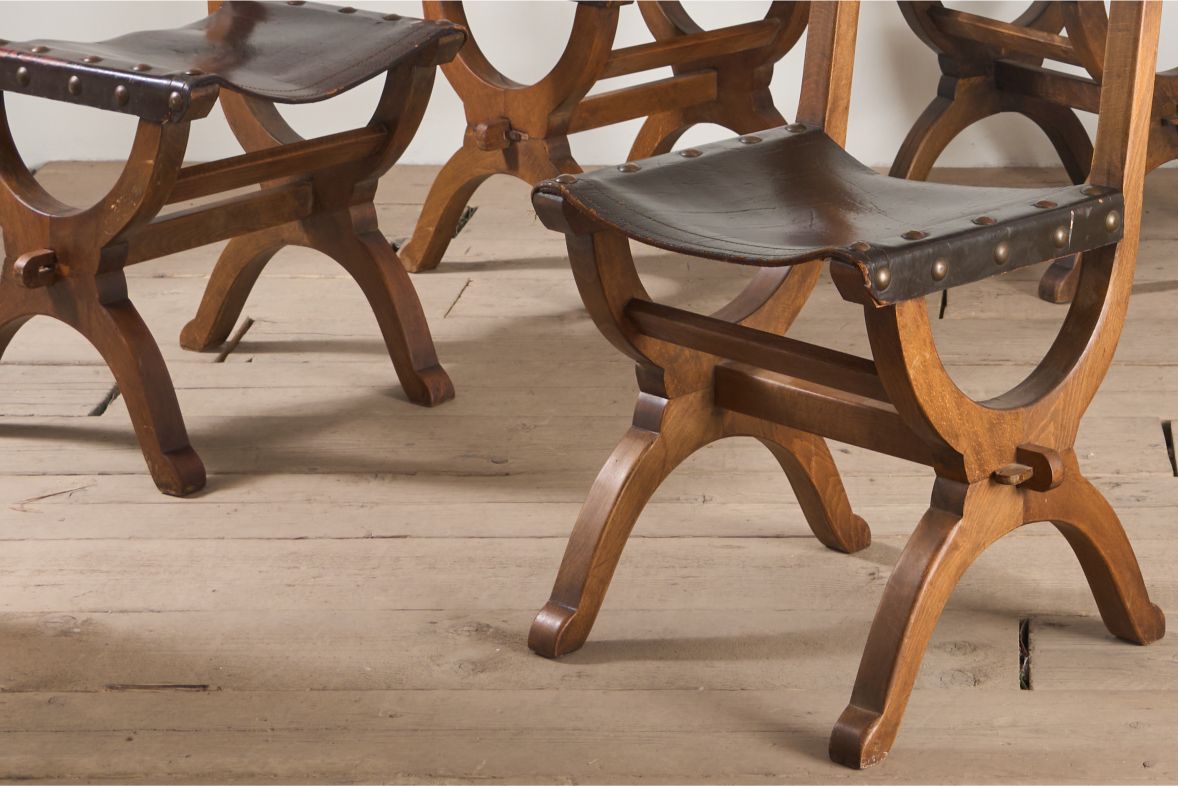 Set of 6 Mid 20th century Spanish walnut and leather dining chairs