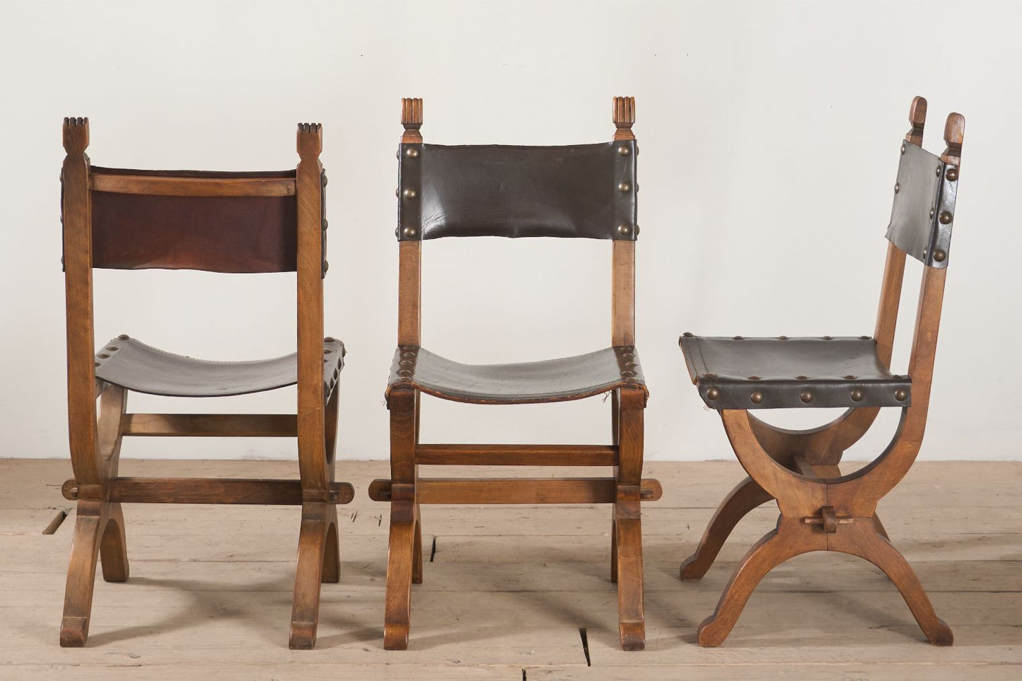 Set of 6 Mid 20th century Spanish walnut and leather dining chairs