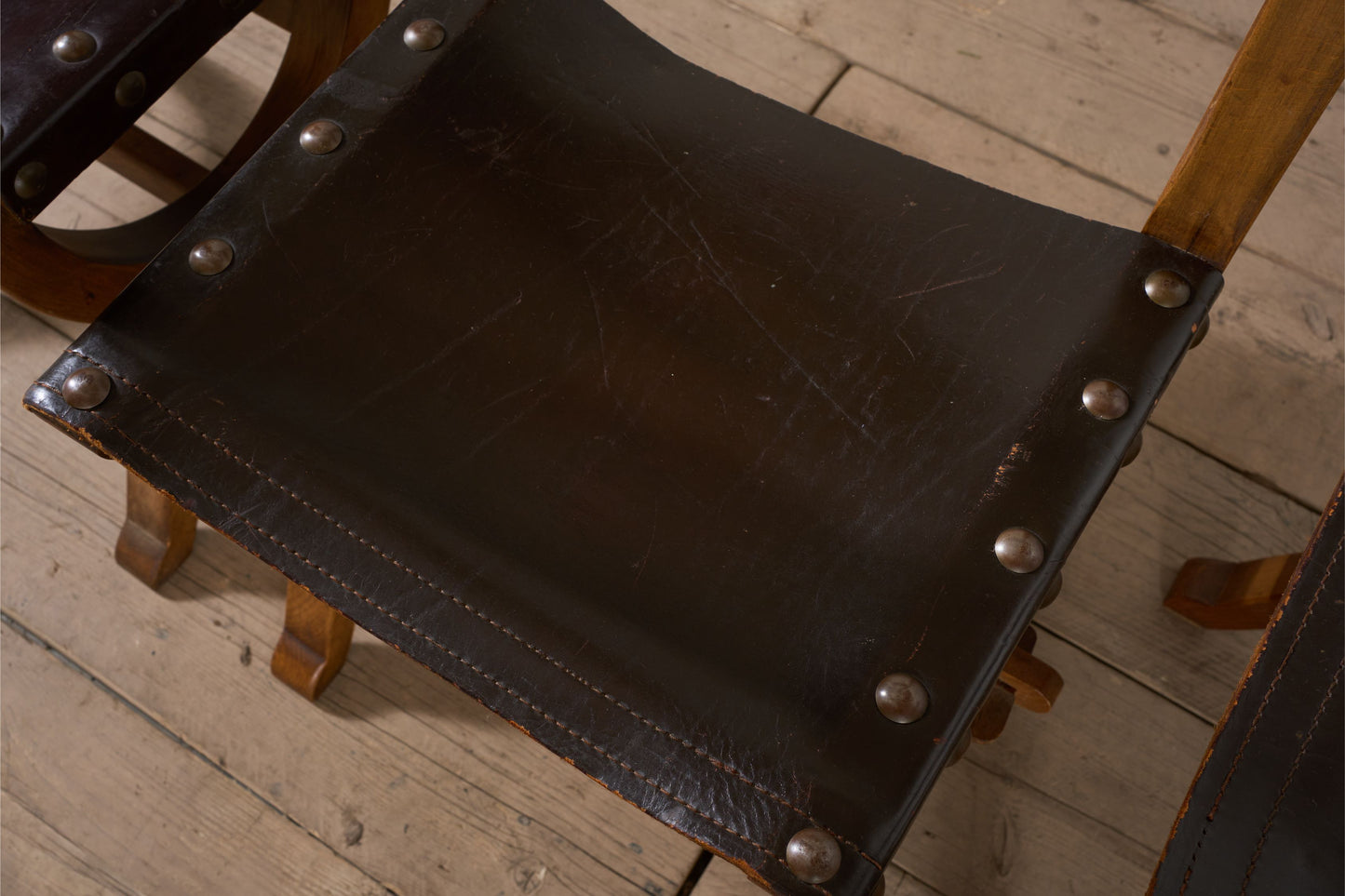 Set of 6 Mid 20th century Spanish walnut and leather dining chairs