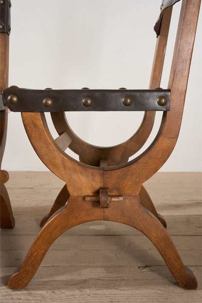 Set of 6 Mid 20th century Spanish walnut and leather dining chairs