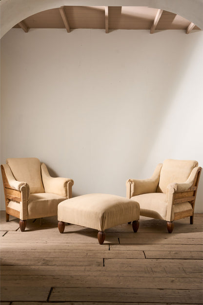 Pair of Art Deco club chairs with matching stool - TallBoy Interiors