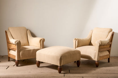 Pair of Art Deco club chairs with matching stool - TallBoy Interiors