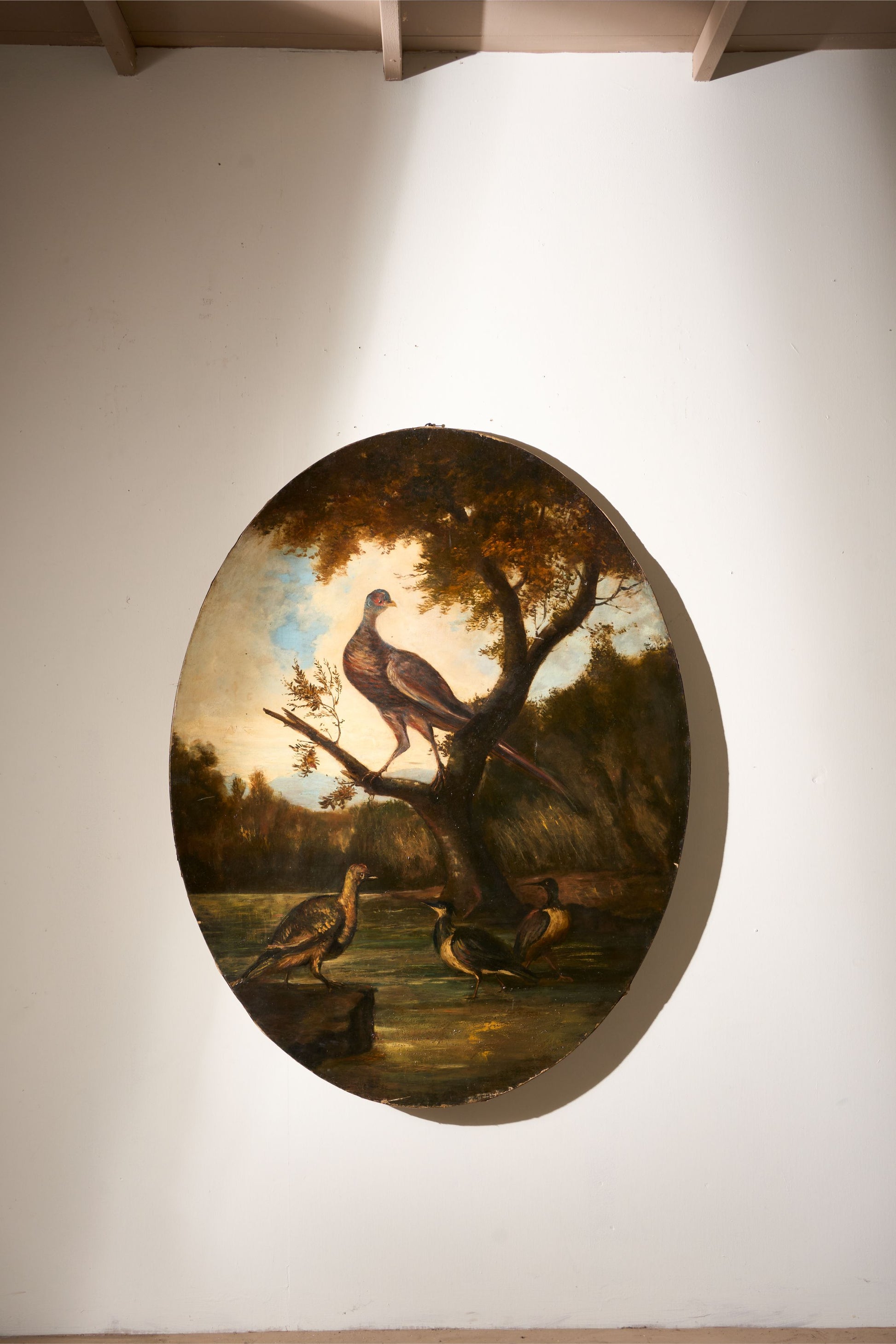 19th Century Very large oval oil on canvas painting of birds - TallBoy Interiors