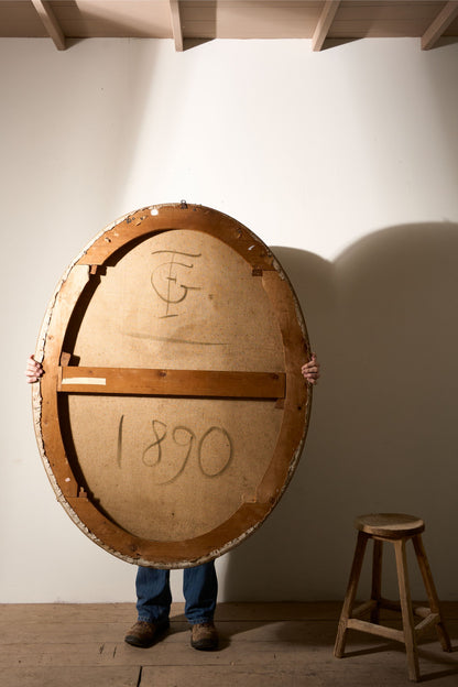 19th Century Very large oval oil on canvas painting of birds - TallBoy Interiors